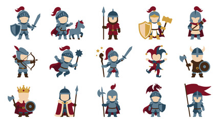 Obraz premium Cute Cartoon Knights Set, Medieval Warriors Vector Icons, Flat Style