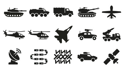 Naklejka premium Military Vehicles and Aircraft Icons: Black and White Glyph Style