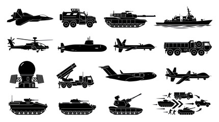 Obraz premium Military Equipment Set: Jet, Tank, Helicopter, Ship, Drone, Submarine, Truck