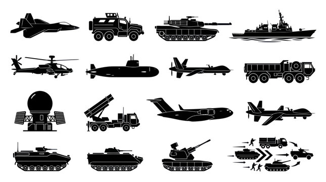 Military Equipment Set: Jet, Tank, Helicopter, Ship, Drone, Submarine, Truck