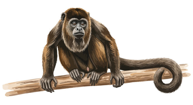 Illustration of a brown howler monkey sitting on a tree branch isolated on white.