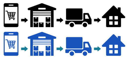 EC配送フローアイコン スマホ注文から倉庫・トラック・自宅までの通販プロセス Ecommerce Delivery Flow Icon Mobile Order Warehouse Truck Home Shipping Process  © ochikosan