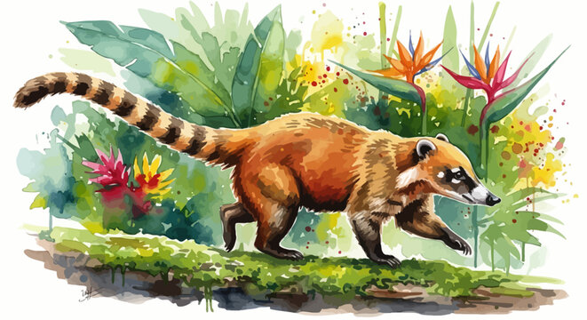 Watercolor illustration of a South American coati walking through a lush tropical jungle.