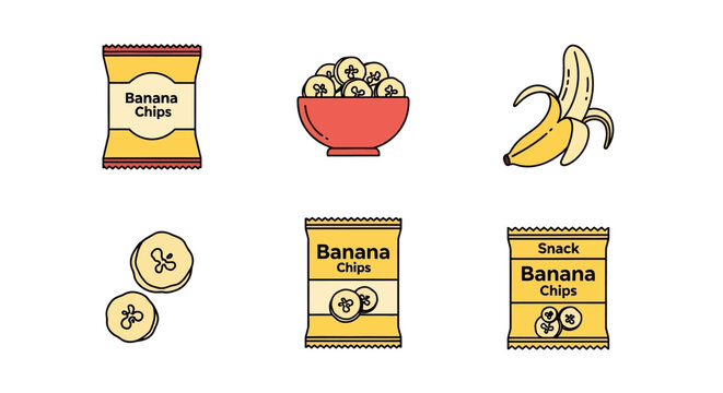 Banana chips snack packaging and fruit icon set