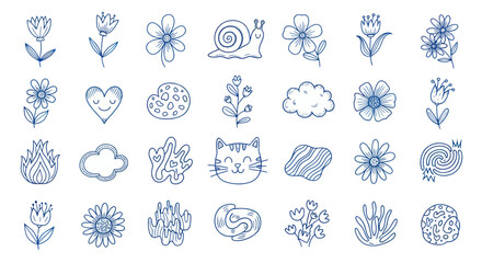 Set of hand drawn cute doodles featuring flowers, animals, and abstract shapes © mbendo