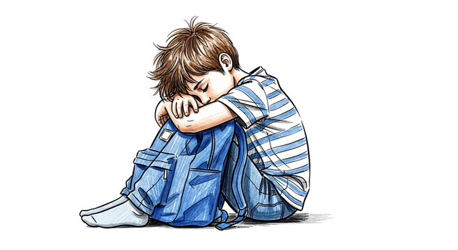 Sad boy sitting curled up, feeling lonely and depressed.
