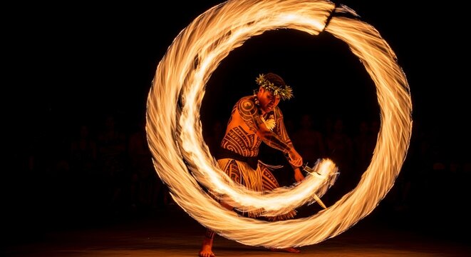 A polynesian dancer performs with fire poi in a dark setting with a hula headband and tattoos on his body and face
