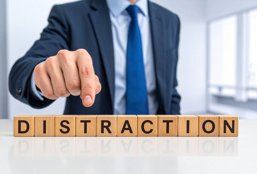 distraction - Geschäftsmann zeigt auf den Text "distraction"
