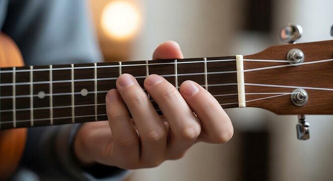 Close-up of a person playing chords on a wooden ukulele