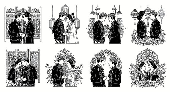 Set of illustrations of a couple in traditional Javanese wedding attire