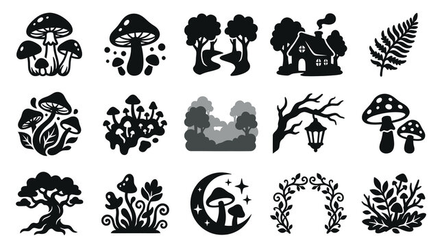 Fantasy Forest Nature Elements Glyph Icon Set. Black  White Silhouettes: Mushrooms, Trees, Cabin, Fern