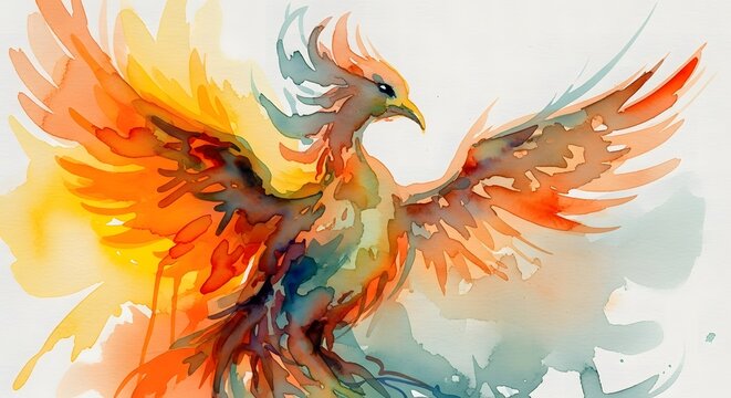 Fiery phoenix rising a watercolor illustration of mythical rebirth and power