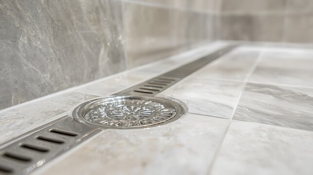 Modern Linear Shower Drain Installed in Tiled Bathroom Floor.