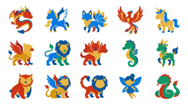 Mythology  Fantasy Creatures Flat Design Vector Icons Set for Kids Education and Games