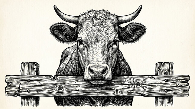 Artistic monochrome engraving of a bull head resting on a rustic timber farm gate