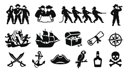 Obraz premium Pirate Adventure Glyphs Icon Set: Black White Symbols of Ships, Treasure Crew