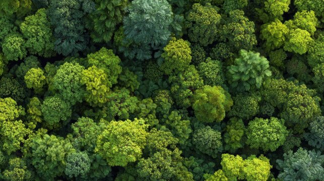 Overhead canopy of lush green trees: An eye-level view, immersing in the verdant tapestry of a healthy forest, with a multitude of tree tops and intricate leaves. 