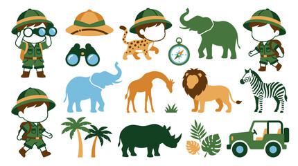 Naklejka premium Safari Adventure Icons: Cute Cartoon Animals, Explorers Jeep