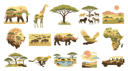 Naklejka premium African Safari Animals Landscapes, Silhouette Art Icons