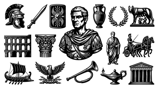 Ancient Roman Empire History Icons Collection - Black and White Engraving Style Vector Set