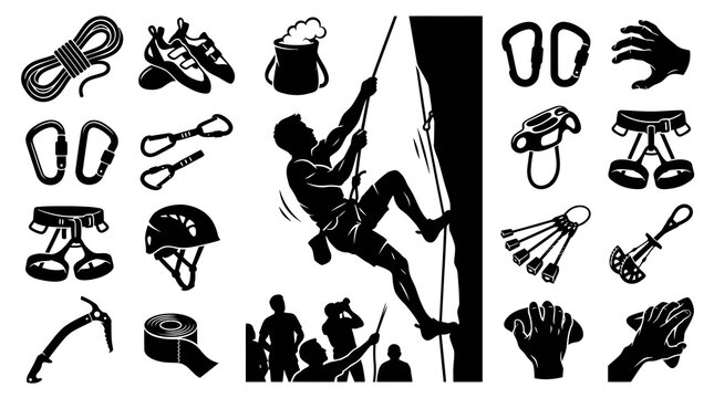 Rock Climbing  Mountaineering Gear Glyph Icons Set - Outdoor Adventure Sport Equipment