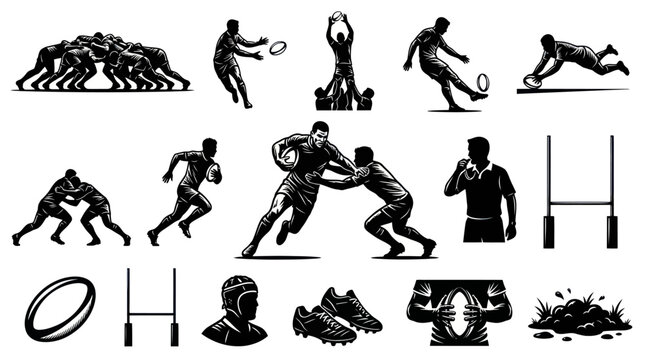 Black  White Rugby Sports Glyph Icons Set with Players, Ball  Equipment