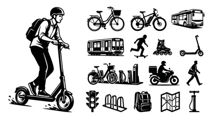 Naklejka premium Transportation Icons: Scooter, Bike, Bus, Train, Skater, Rollerblades, Motorcycle, Walker