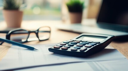Fototapeta premium calculator on accountant desk with glasses and pen