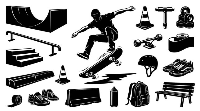 Skateboard Urban Sport Vector Elements Set - Black and White Silhouette Equipment Collection