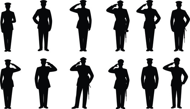 Silhouettes of men in military uniforms saluting salute
