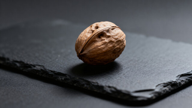 Single whole walnut on a slate stone, isolated on transparent background