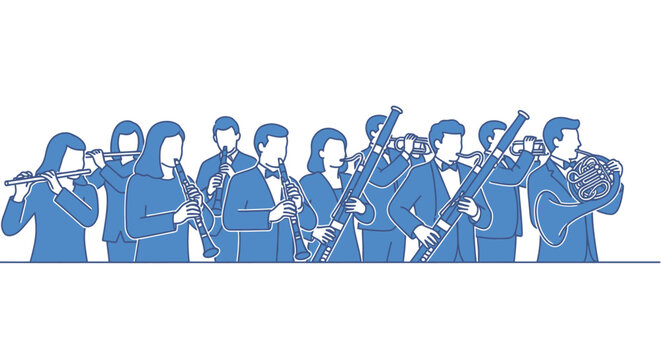Blue musicians playing various instruments together.