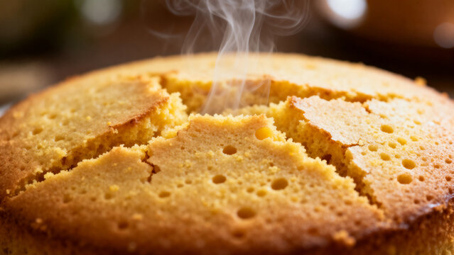 Freshly baked golden corn cake with rising steam on a rustic table festa junina