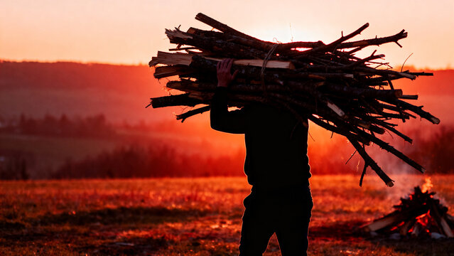 Silhouette of a man carrying a bundle of firewood in a field at sunset with a bonfire festa junina