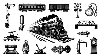 Obraz premium Vintage Train, Railroad, and Station Elements Black and White Vector Art