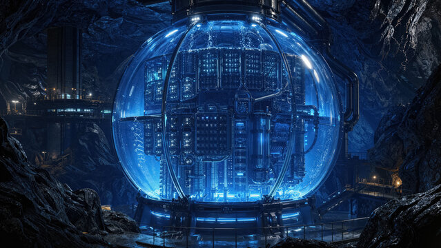Spherical glass server cluster submerged in a glowing blue cooling tank in a deep underground cavern with bubbles and liquid cooling.