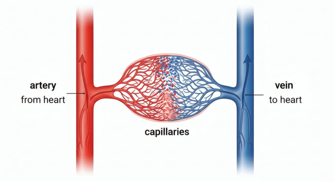 Human circulatory system diagram showing artery capillaries and vein
