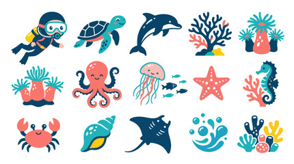 Obraz premium Cute Ocean Life Collection: Flat Style Vector Illustrations
