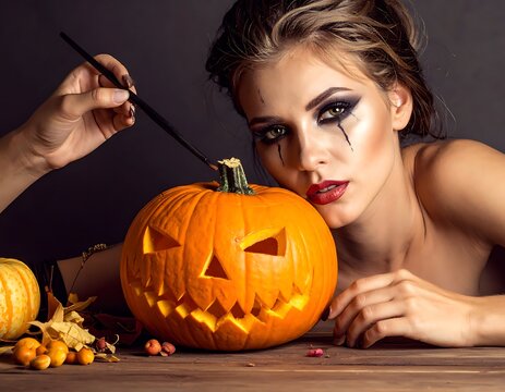 A woman painting a jack-o'-lantern with a brush