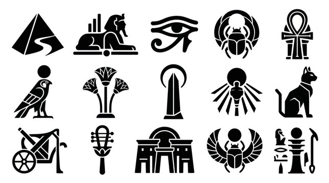 Egyptian Hieroglyphics Symbols Glyph Icons Black White Vector Set