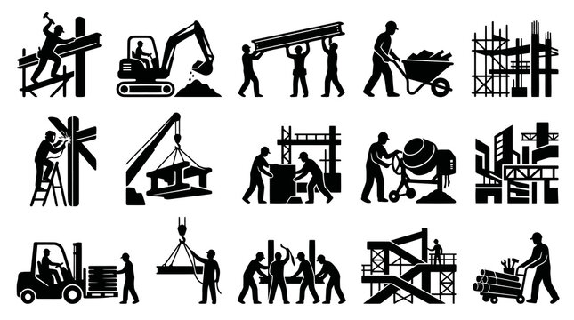 Construction Workers and Equipment Glyph Icons Set - Building Industry Silhouettes