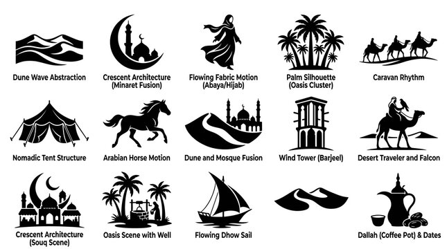Middle East Arabian Culture Silhouettes  Glyphs - Desert, Islamic Architecture, Traditional Icons Set