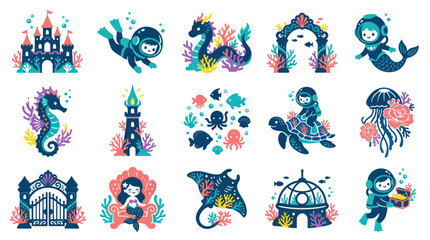 Obraz premium Flat Cartoon Underwater Adventure Marine Life Vector Icons Set