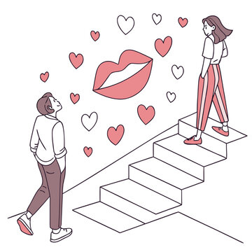Isometric couple romantic encounter on staircase.