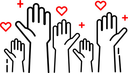 Fototapeta premium Hands raising with red love hearts icon isolated on transparent background
