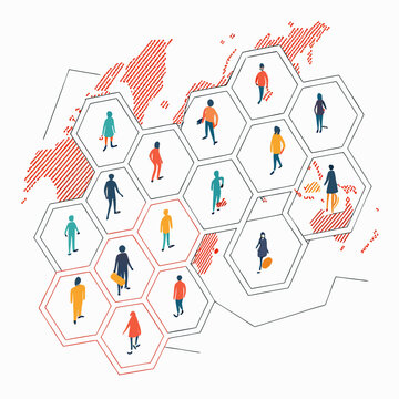 Hexagon grid world map with diverse people icons.