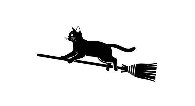 A black cat riding a broomstick in a halloween scene
