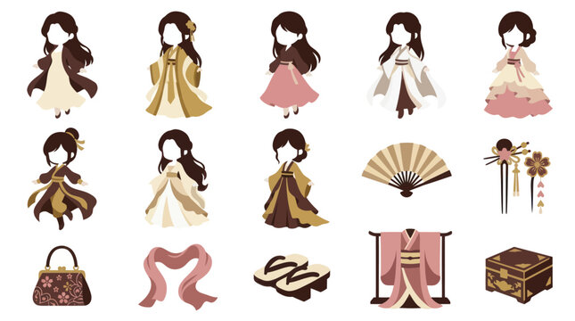 Cute Flat Cartoon Chibi Girls and Traditional Asian Fashion Accessories Vector Set