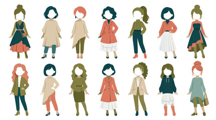 Fototapeta premium Diverse Women Fashion Outfits Flat Vector Illustrations Set
