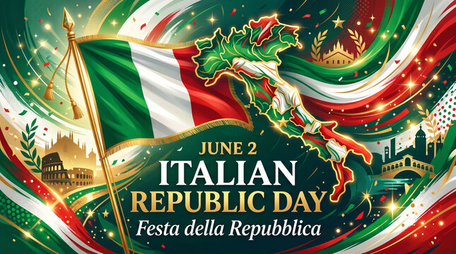 Vibrant illustration celebrating italian republic day on june 2nd with flag and landmarks